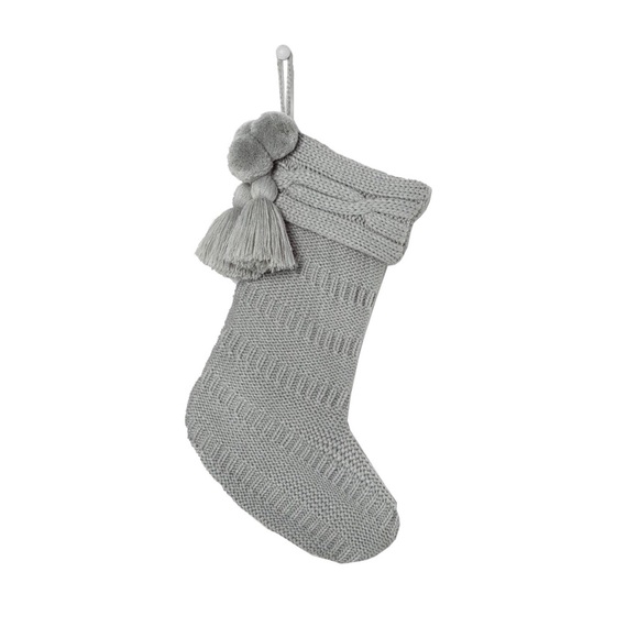 Hearth & Hand Gray Cable Knit Holiday Stocking w/ Tassels & Pom-Pom Balls - NWT! - Picture 1 of 6